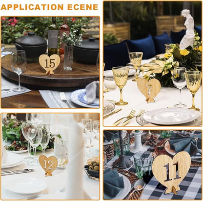 Heart Shape Wooden Table Numbers 1-20 With Holder Base - Rustic Hollow Out Wood Cards for Wedding, Party, Event Decoration