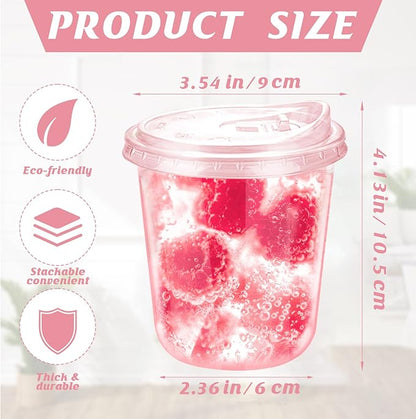 12oz Disposable Stemless Glasses With Strawless Sip Lids,PET Disposable Drinking Cups,Clear Plastic Wine Glasses for Parties Birthday,Wedding,Meeting,Christmas Party Supplies. (100, Pink)