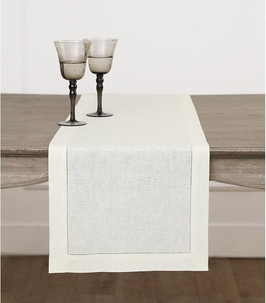 Solino Home Linen Ivory Table Runner 48 Inches - Classic Hemstitch, 100% Pure Linen Coffee Table Runner 14 x 48 Inch Ideal for Dresser Tables - Fall, Halloween, Thanksgiving, Christmas, Holiday