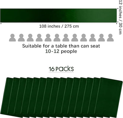 Aneco 16 Pack Satin Table Runner 12 x 108 Inch Black Green Long Wedding Satin Silk Table Runner for Wedding Banquet Graduations Birthday Party Decoration