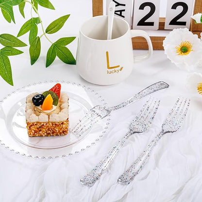 Supernal 360pcs Glitter Disposable Plastic Forks,Plastic Silverware Heavy Duty,Clear Plastic Forks,Glitter Disposable Cutlery for Birthdays, Parties, Bridal Shower and Weddings