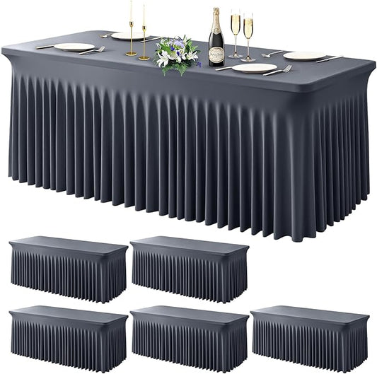 Wish Care 6 Pack Gray Spandex Table Clothes for 8 Foot Rectangle Tables, 8FT Wrinkle Free Fitted Tablecloths Ruffles Design Table Cover for Party, Banquet, Wedding and Events