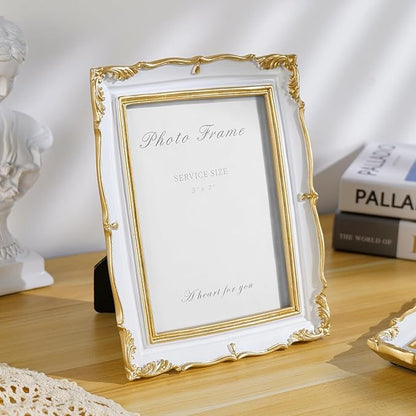 Cuspin Vintage Picture Frame 5x7 Gold Frames, Ornate White and Gold Textured Hand-Crafted Resin Frame with Glass Front, 5 by 7 Antique Photo Frames for Tabletop Display