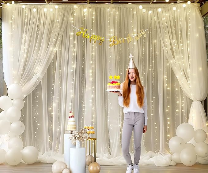 Ivory Tulle Backdrop Curtains with Lights String for Parites Wedding 20×8ft Ivory Sheer Backdrop Curtains for Baby Shower Birthday Party Photo Shoot Background Decorations(4 Panels 5ft×8ft)