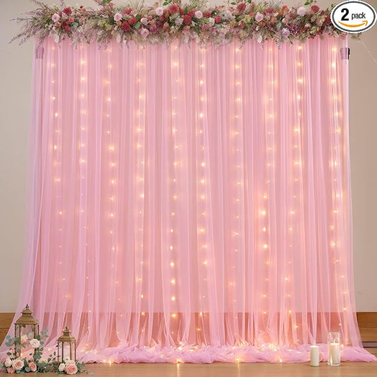 Sheer Backdrop Curtains with Lights String for Weddings Baby Showers, 10x8ft Sheer Tulle Photo Backdrop Curtains for Birthday Party Photography Background Decoration, Pink