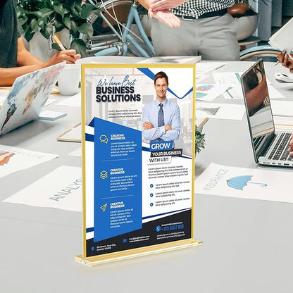 Acrylic Sign Holder 8.5 x 11,9 Pack Clear Sign Holder Double Sided Gold Table Menu Vertical Desktop Display Stand Paper Flyer Holder Tabletop Sign Holder Suitable for Restaurants, Office, Store,Hotels