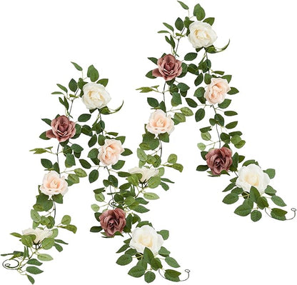 Artificial Rose Garlands Rose Vines Leaves Banners Hanging Floral Garland Fake Rose Flower Vine for Wedding Arch Ceremony Home Garden Outdoor Party Wall Decorations