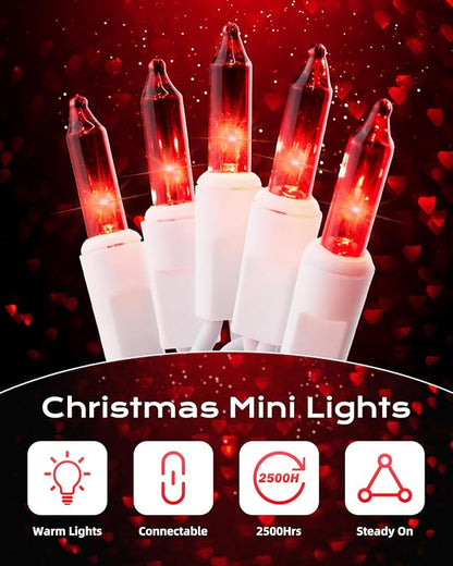 Brightown Red Mini String Lights, 100-Count 26.5ft Incandescent Bulb Valentine's Day Fairy Lights for Indoor Holiday Decoration, Christmas Tree Garland Wedding Party Multi-Use, White Wire