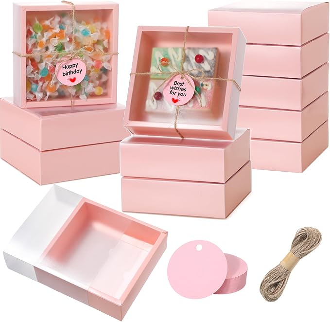 Roowest 50 Sets Kraft Soap Boxes Rectangle Packaging Box with Window Homemade Gift Box with Blank Tags and Jute String for Jewelry Candy Wrapping Party Favor(6.5 x 6.5 x 2 Inch,Pink)