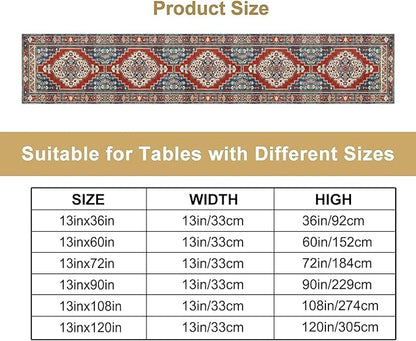 Boho Floral Vintage Table Runner, Red Blue Retro Flower Rustic Country Farmhouse Pattern for Home Kitchen Table Decor Dining Coffee Room Party Decor 13x90in