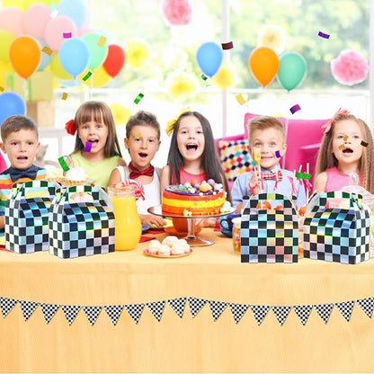24 Pcs Iridescent Checkered Race Car Party Favor Gable Boxes, Paper Black and Iridescent Car Goodie Treat Boxes, Racecar Laser Plaid Gift Box for Kids Fast Race Cars Birthday Party Decorations