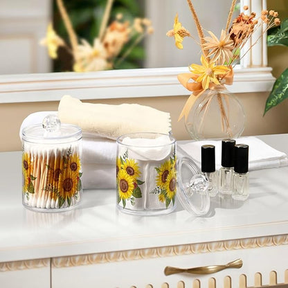 Gredecor Qtip Holder Dispenser 4 Pack Yellow Watercolor Sunflowers Apothecary Jars with Lids Bathroom Vanity Countertop Canister Storage Organizer for Cotton Ball,Swabs,Pads,Floss