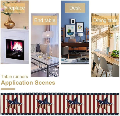 4th of July Table Runner, Patriotic Independence Day American Stars Stripes Flag Print Table Runner for Farmhouse Kitchen Dining Holiday Birthday Party, 13x120inch