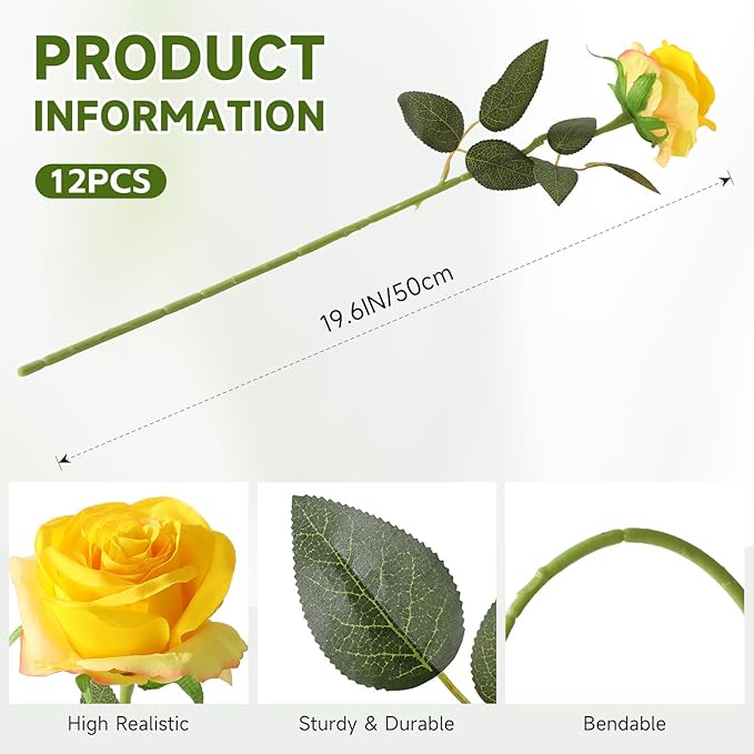 Tifuly Yellow Roses Artificial Flowers -12 pcs Realistic Single Long Stem Fake Silk Roses Bouquet for Party Home Wedding Centerpiece Office DIY Decor