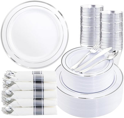 350Piece Silver Plastic Dinnerware Set for 50 Guests - Silver Plastic Plates with Cutlery Include:50Dinner Plates-50Dessert Plates-50Pre Rolled Napkins with Silverware for Christmas