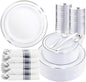 350Piece Silver Plastic Dinnerware Set for 50 Guests - Silver Plastic Plates with Cutlery Include:50Dinner Plates-50Dessert Plates-50Pre Rolled Napkins with Silverware for Christmas
