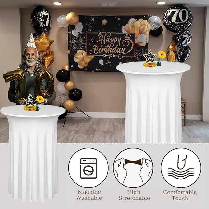 Albassa 2 Pack Cocktail Table Covers 32"x 43" Spandex Stretch Round Cocktail Tablecloths with Wavy Drapes Fitted High Top Bar Table Skirt for Wedding Party Banquet (White, 2 PCS)