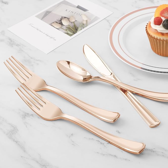 BESTVIP 100 Pack Pre Rolled Rose Gold Plastic Silverware Set, Disposable Wrapped Cutlery Set with 100 Napkins, 100 Knives, 100 Forks and 100 Spoons for Party, Birthday