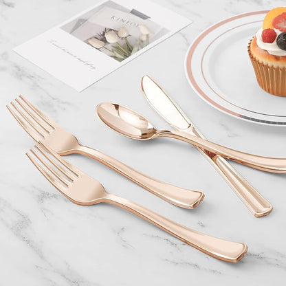 BESTVIP 100 Pack Pre Rolled Rose Gold Plastic Silverware Set, Disposable Wrapped Cutlery Set with 100 Napkins, 100 Knives, 100 Forks and 100 Spoons for Party, Birthday