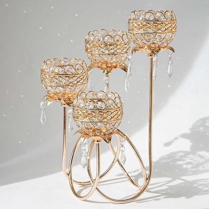 4 Arms Crystal Candelabra Tealight Holder - Tall 15.7 Inch Elegant Centerpiece with Crystal Pendant Bowls & Artistic Metal Stand for Wedding, Dining Table, Home Decor (1, Gold)