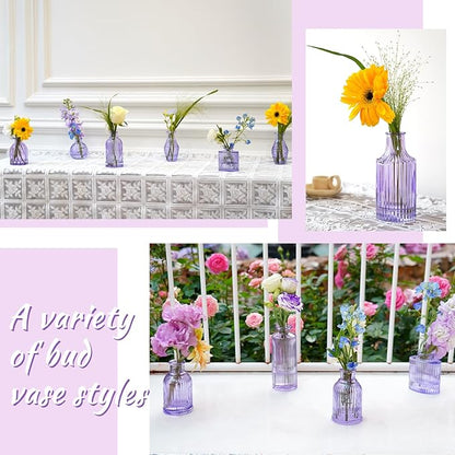Glass Bud Vases 24 in Bulk, Small Purple Vase Glass Vases for Flowers Modern Ribbed Colored Bud Vase for Decor Wedding Flower Vase in Bulk Vintage Decor Bridal Shower Centerpieces Home Decoration