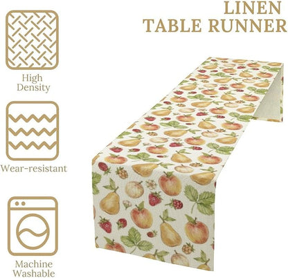 Vintage Spring Summer Fruit Table Runner Watercolor Pear Strawberry Leaves Dinner Runner for Farmhouse Party Holiday Home Kitchen Dining Table Decor 13x108