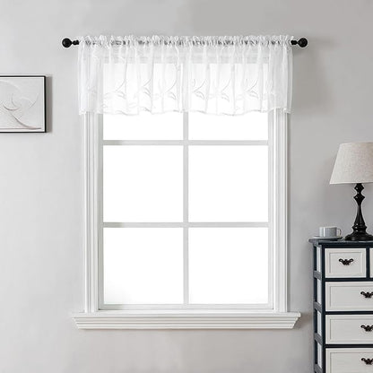 VISIONTEX Sheer Voile Curtain Valances, Decorative Leaves Embroidered, Rod Pocket Window Treatment for Kitchen/Rustic Bedroom/Living Room (54 x 16 Inch,1 Panel)