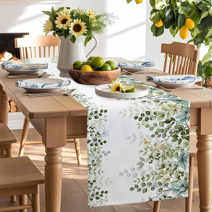 Sage Green Eucalyptus Cotton Linen Table Runner for Dining Kitchen, Farmhouse Leaves Wedding Outdoor Party Tablerunners Decoration Botanical Floral Dresser Scarf Coffee Tablecloth Runners 13x60 Inches