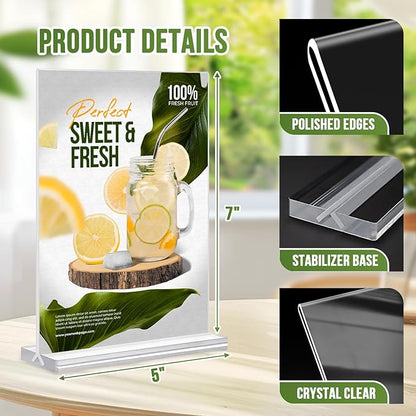 Acrylic Sign Holder 5x7, 25 Pack Clear Double Sided Table Menu Vertical Display, Plastic Flyer Display Stand, Paper photo Plastic Sign Frame Suitable for Restaurants Office Store Hotels, Show Fair