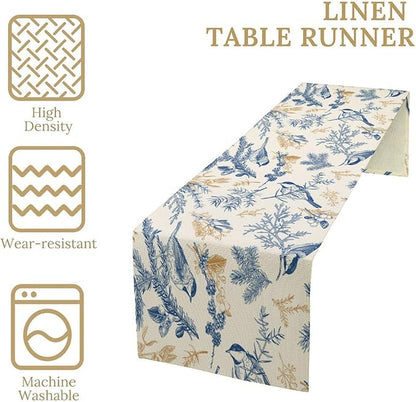 Chinoiserie Flowers Table Runner, Seasonal Spring Fall Plants Blue Florals Birds Dinner Runner for Home Kitchen Dining Table Party Holiday Decoration 13"x36"
