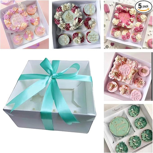 Bento Cake and Cupcake Box 2-in-1 4-inch Cake and 5 Cupcakes Box 5 Sets with One Wide Roll of Ribbon for Family Dinner Birthday Party Picnic Gift (TB02)