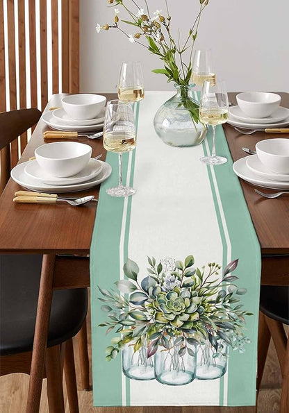 Eucalyptus Cotton Linen Table Runner for Dining Kitchen, Wedding Outdoor Party Tablerunners Decoration, Green Leaves Botanical Plants Watercolor Dresser Scarf Coffee Tablecloth Runners 13x72 Inches