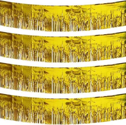 4 Pack Gold Total 40 Feet Foil Fringe Garland Metallic Tinsel Banner Wall Hanging Drapes Parade Float Skirting Decorations for Trailer Mardi Gras Party Birthday Wedding Baby Shower