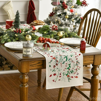 Artoid Mode Floral Leaves Christmas Table Runner, Wild Flowers and Grasses Winter Kitchen Dining Table Decoration for Home Party Decor 13x60 Inch