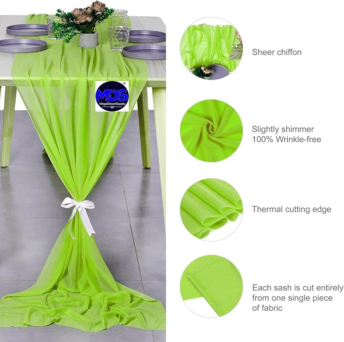 MDS Halloween Chiffon Table Runner - 12 Pack, 29 x 170 Inches, 14ft Each - Sheer Spooky Table Runners for Haunted House Parties, Trick-or-Treat Tables, Witchy Décor, Wedding & Events - Parrot Green