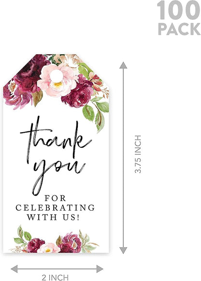 Andaz Press 100-Pack Thank You for Celebrating with Us Favor Tags Fall Burgundy Marsala Cardstock Gift Tags with Bakers Twine for Wedding Baby Shower Bridal Shower Party Favors 2 x 3.75-Inches