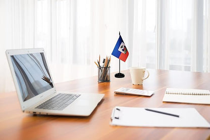 Haiti Haitian Deluxe Desk Flag Set Small Mini Miniature Haiti Haitian Table Desktop Flags With Solid Pole, Black Base and Spear Top(2 Pack)