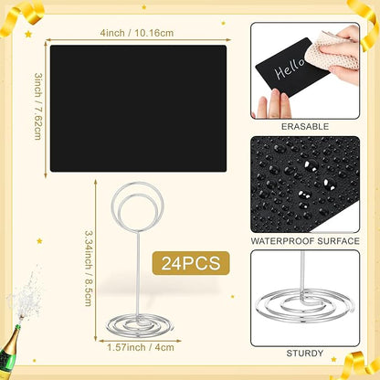 TecUnite 24 Pack Mini Chalkboard Signs, 4"x3" Small Table Place Cards with Metal Stand and 2 Marker Pens Food Labels for Party Buffet, Tabletop Blackboard Signs Name Tags for Wedding Bakery(Sliver)