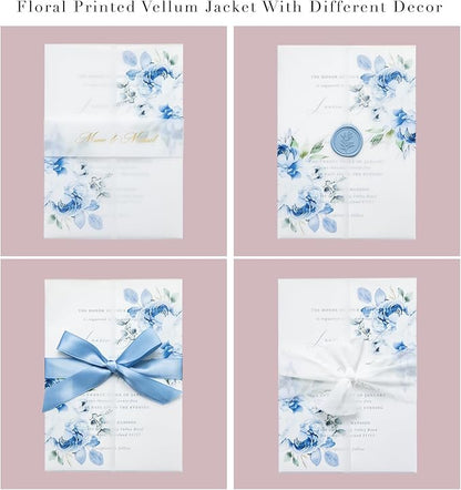 PONATIA 50PCS Vellum Jackets for 5x7 Invitation Cards- 135GSM Light Blue Floral Printed Vellum Sleeves, Quinceanera Wedding Invitation Cards Wraps, Transparent Christmas Gift Cards Jackets