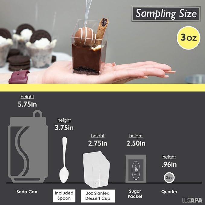 Ilyapa 3oz Plastic Dessert Cups - 100 Pack Mini Dessert Cups with Spoons - Small Clear Reusable for Cheesecake Shooters, Chocolate Mousse, Parfait - Party and Catering Supplies - Slanted