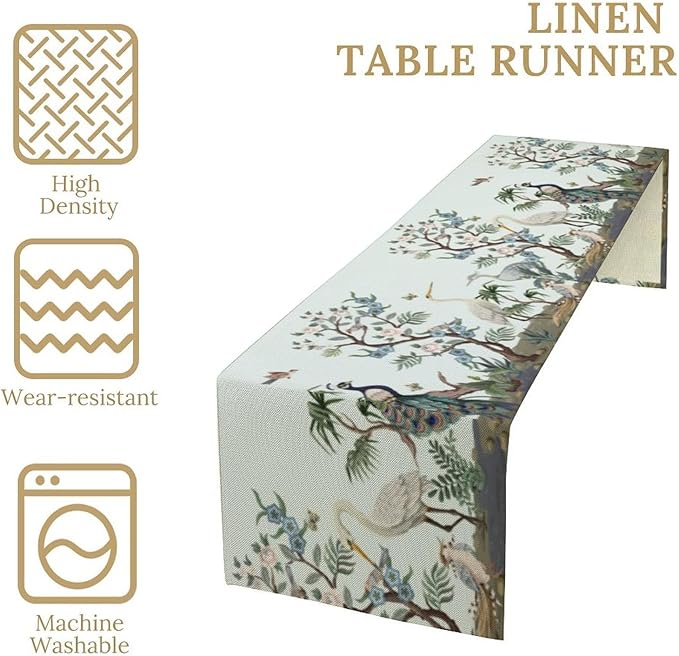 Peacock Table Runner,Retro Chinese Peonies Flowers Peacock Table Runner for Home Kitchen Dining Party Indoor Outdoor Decoration 13x108 Inch