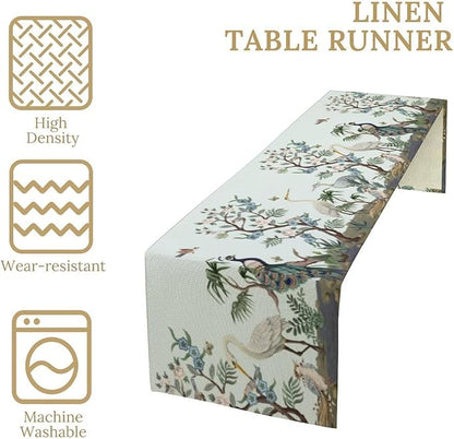 Peacock Table Runner,Retro Chinese Peonies Flowers Peacock Table Runner for Home Kitchen Dining Party Indoor Outdoor Decoration 13x120 Inch