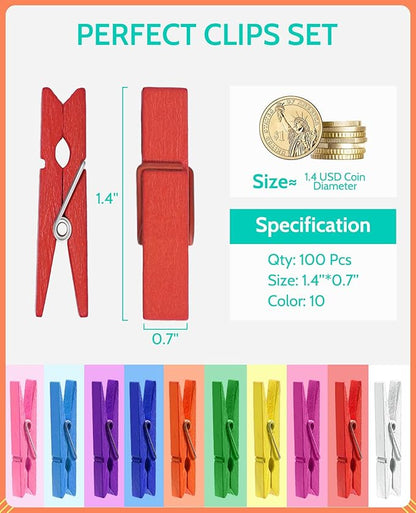 Mini Clothespins, Sopito 100 Pcs 1.4'' Strong Mini Clothespins for Photos with 10 Pcs Washi Tapes and 43 Ft Jute Twine, Colorful Wooden Small Clothes Pins for Picture, Crafts, Baby Shower