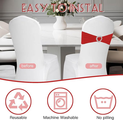 100PCS Spandex Stretch Red Chair Sashes Bows Universal Elastic Chair Cover Bands Ties with Buckle Slider for Wedding Party Birthday Reception Event Banquet Decoration(Red)