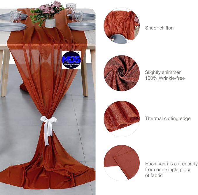 MDS 15 Pack 10ft Chiffon Table Runner 29 x 120 Inches Sheer Wedding Runner Romantic Rustic Table Runner for Wedding Decorations, Birthday Parties, Bridal Shower Party Arch Decor - Terracotta