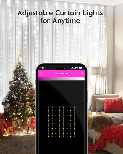 Brightown Smart Curtain String Lights - 9.8ft 300 LED Fairy Light with APP Remote, 8 Modes, USB Powered Waterproof Christmas for Bedroom Wedding Party, White