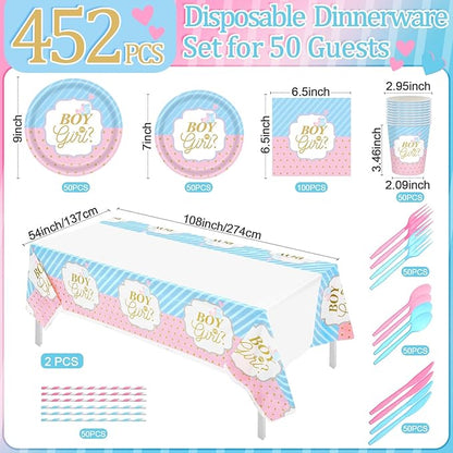452 Pcs Gender Reveal Party Decorations Include Boy or Girl Paper Plates Napkins Cups Tablecloth Cutlery Straws Blue and Pink Gender Reveal Party Tableware for Baby Shower Decorations