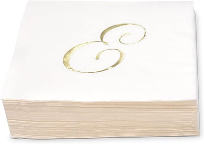 Gift Boutique 100 Gold Monogram Cocktail Napkins Letter E Disposable Paper Hand Towels for Bathroom Wedding Baby Shower Holiday Party Decor