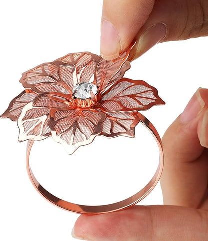 KPOSIYA Flower Napkin Rings Holder Metal Rose Gold Napkin Rings Set of 12 for Wedding Party Holiday Banquet Christmas Dinner Delicate Serviette Buckles Decor Favor (12, Rose Gold)