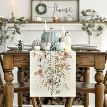Artoid Mode Wildflower Leaves Floral Fall Table Runner, Autumn Thanksgiving Kitchen Dining Table Decoration for Indoor Outdoor Home Party 13x36 Inch